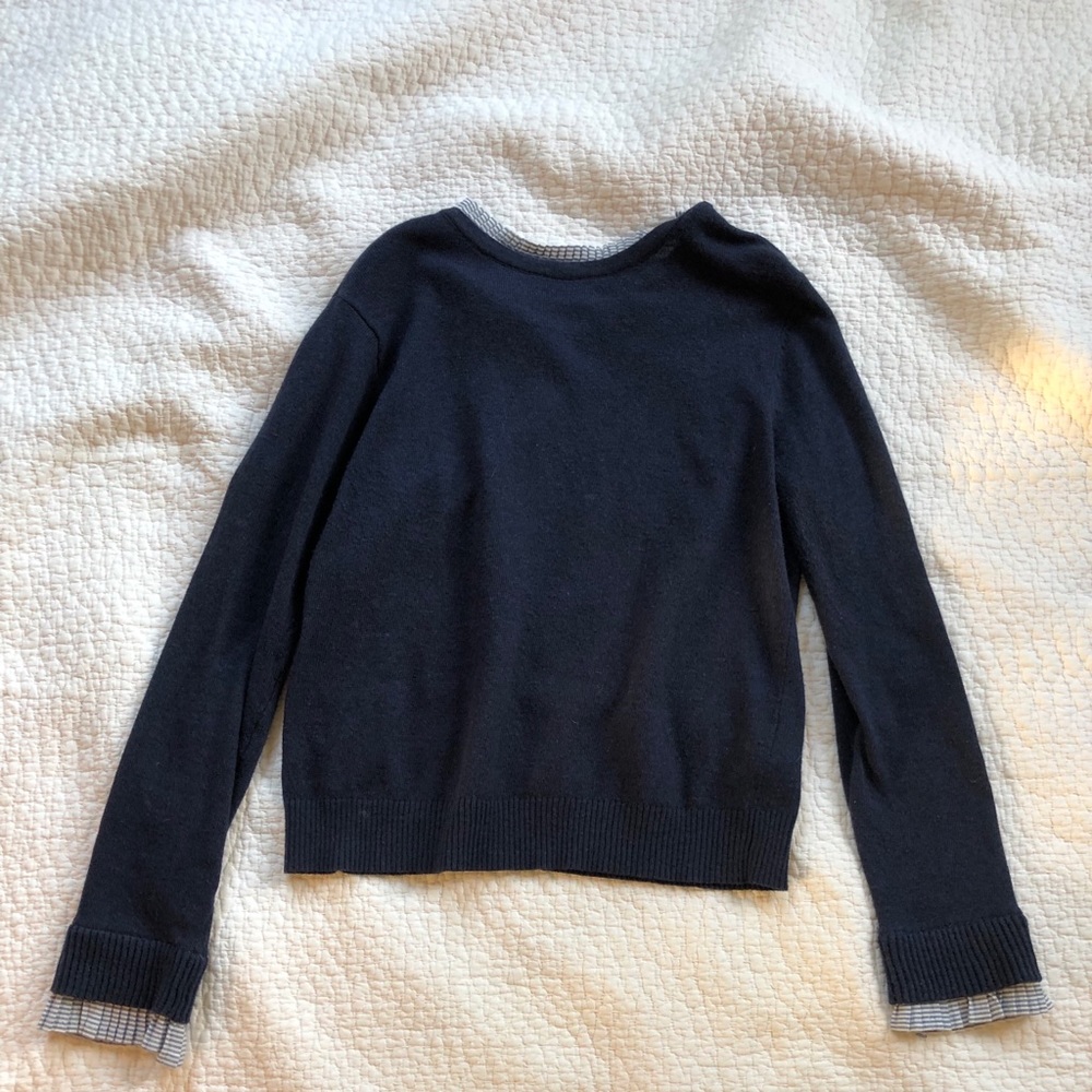 Blue wool sweater with attached collar and cuffs